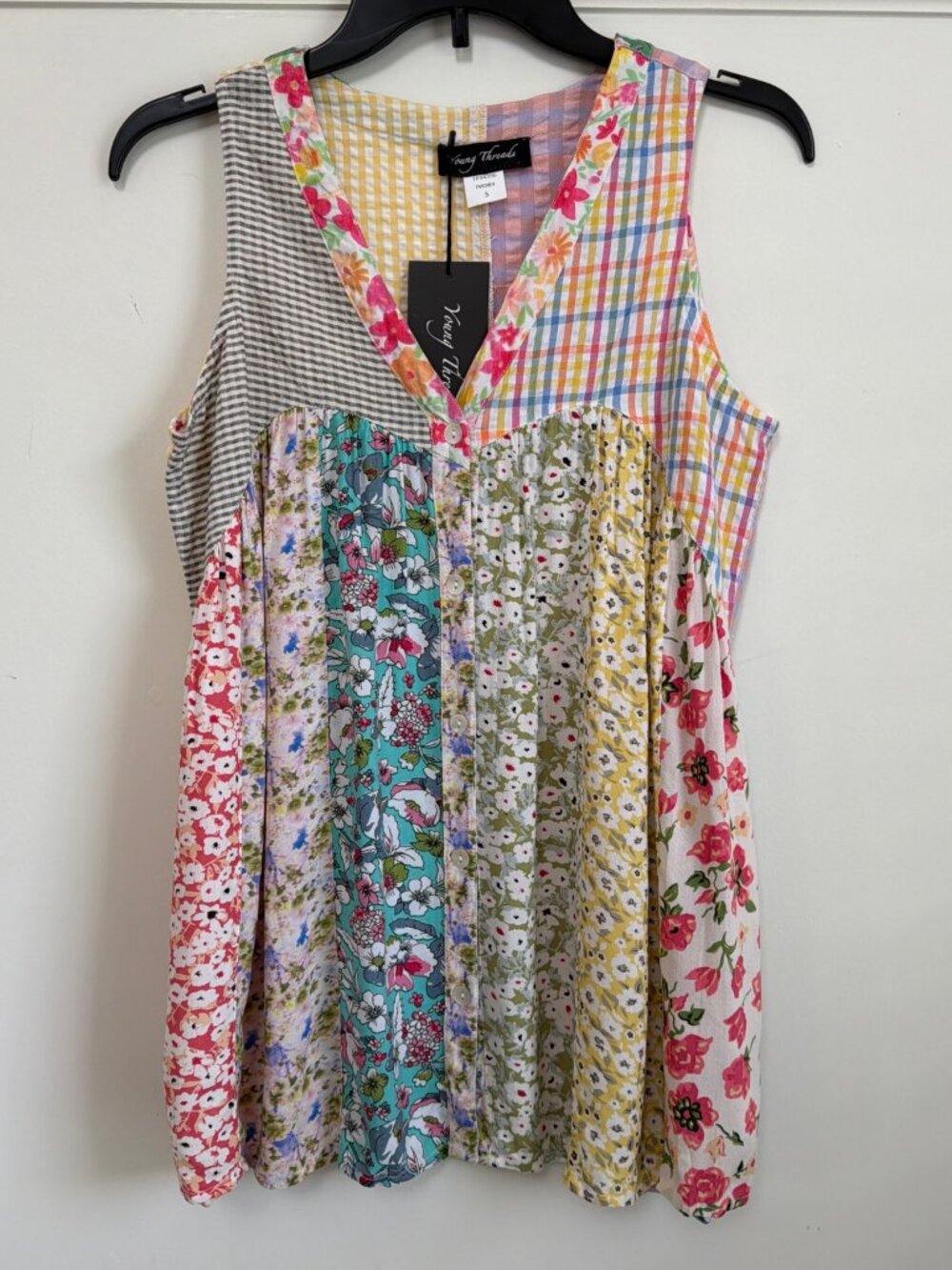 Young Threads Ivory Patchwork Button-Front Boho Tunic Top S NWT